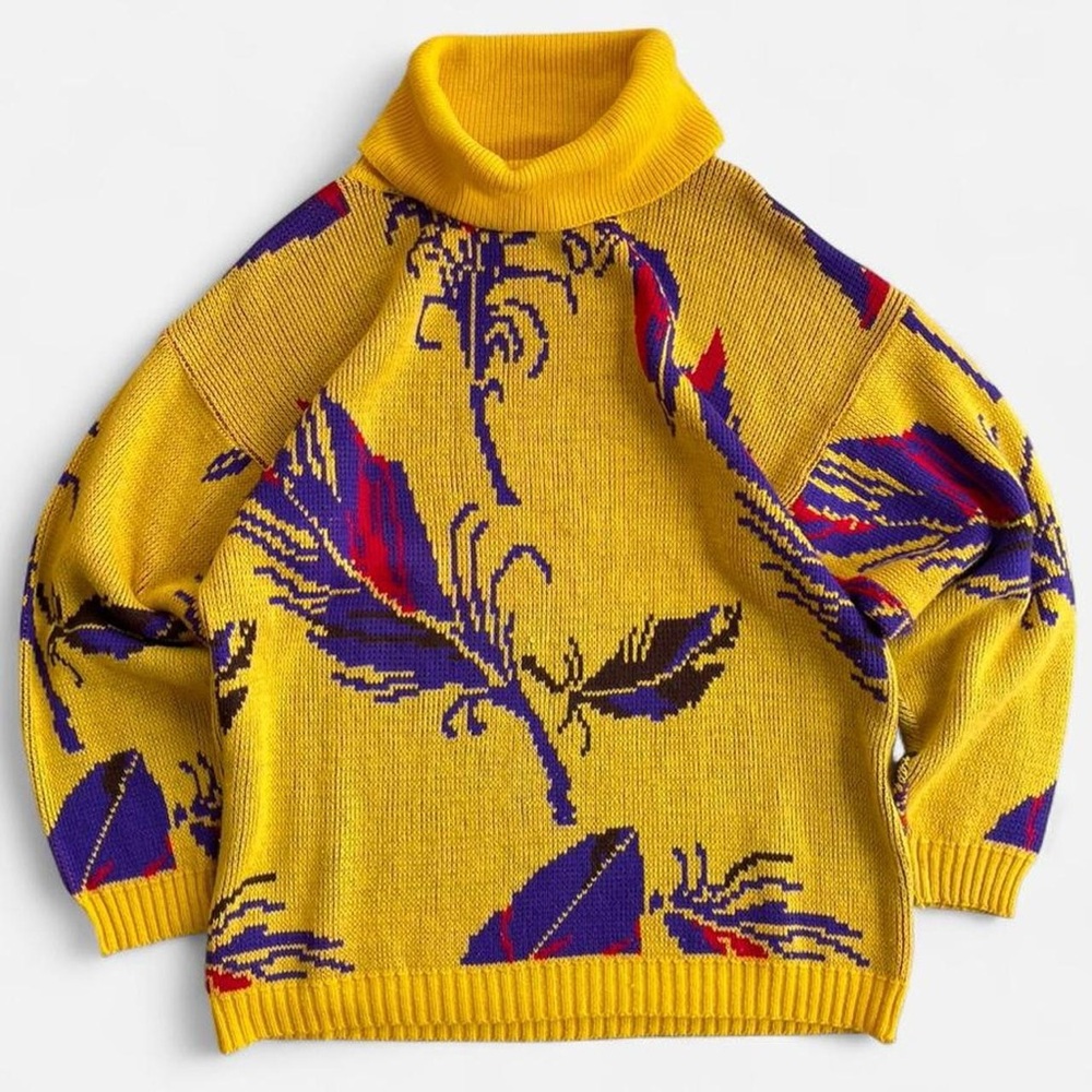 Vintage One Step Up Retro Yellow Turtle Neck Sweater Purple Black Red Feathers